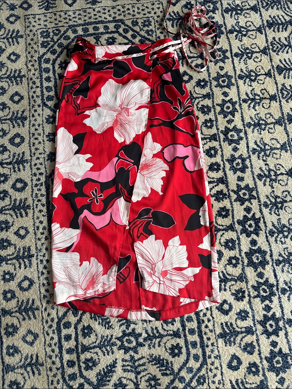 Zara Red Floral Wrap Skirt with Black & Pink Accents